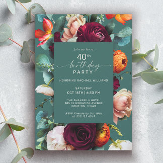 Modern Fall Floral Aquamarin 40. Geburtstag Party Einladung