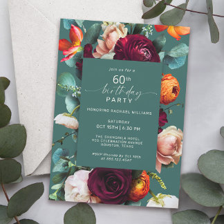 Modern Fall Floral Aquamarin 60. Geburtstagsparty Einladung