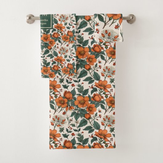 Modern Fall Floral Pastel Sage Custom Name Towel Badhandtuch Set (Insitu)