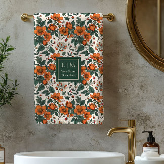 Modern Fall Floral Pastel Sage Custom Name Towel Badhandtuch Set