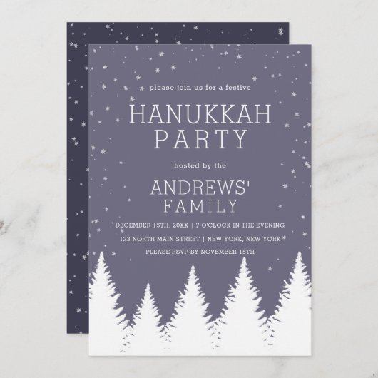 Modern Fallende Schneewinterbäume Hanukkah Party Einladung (Vorne/Hinten)