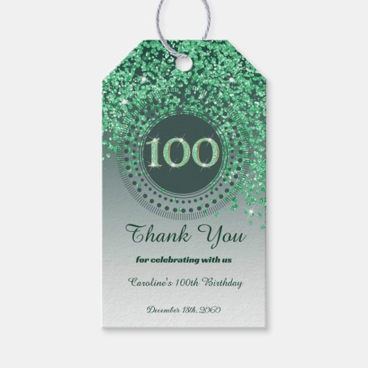 Modern Falling Green Glitzer 100. Geburtstag Geschenkanhänger (Vorderseite)