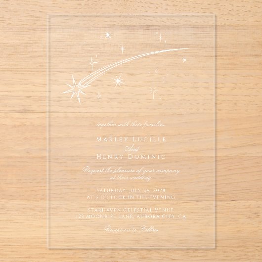 Modern Falling Star Celestial Wedding Acryleinladungen (Vorderseite)