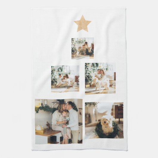 Modern Family Christmas Tree Foto With Star Geschirrtuch (Vertikal)