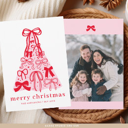 Modern Family Photo Merry Pink Red Bow Feiertagskarte