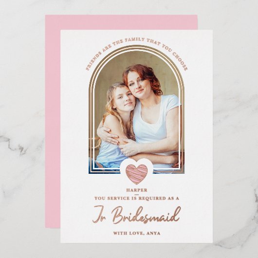 Modern Fancy Jr Bridesmaid Pink Heart Photo Folieneinladung (Vorderseite/Rückseite)