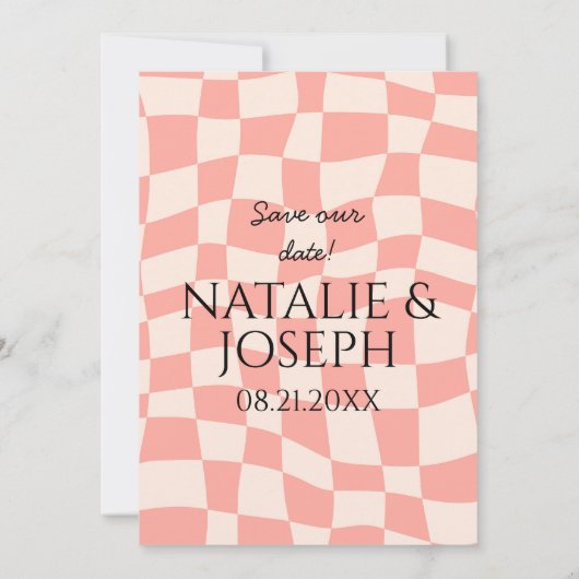 Modern farbenfrohe Groovy Retro Fun Einzigartige H Save The Date (Rückseite)