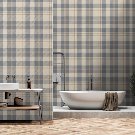 Modern Farmhouse Plaid in Cream and Slate Blue Tapete (Badezimmer)