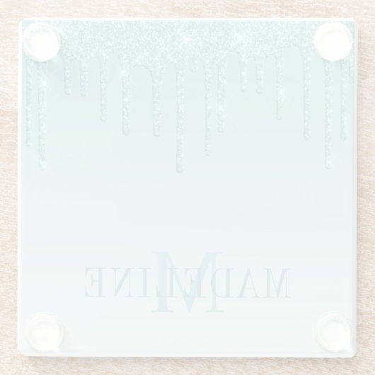 Modern Fashionable Teal Glitter Monogram Glasuntersetzer (Rückseite)