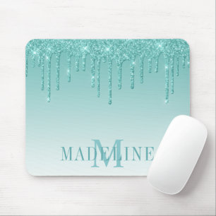 Modern Fashionable Teal Glitter Monogram Mousepad
