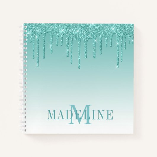Modern Fashionable Teal Glitter Monogram Notizblock (Vorderseite)