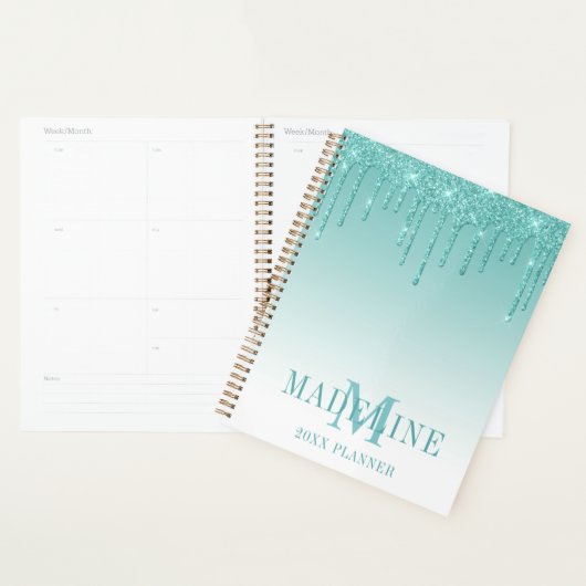 Modern Fashionable Teal Glitter Monogram Planer (Anzeige)