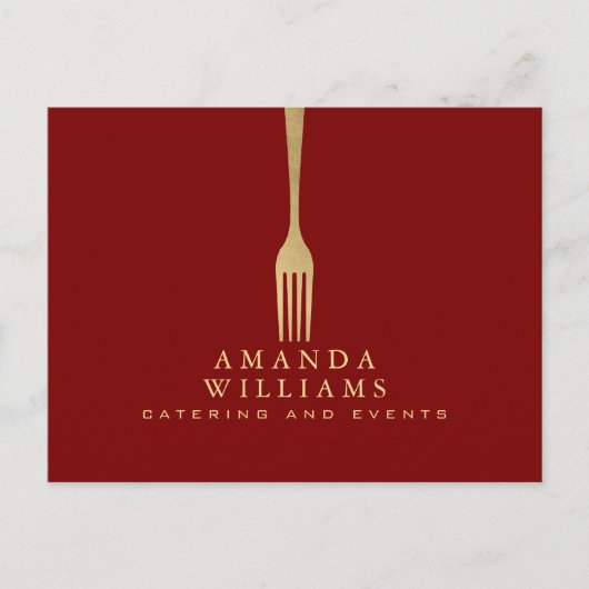 Modern Faux Gold Fork Catering Logo on Red Postkarte (Vorderseite)