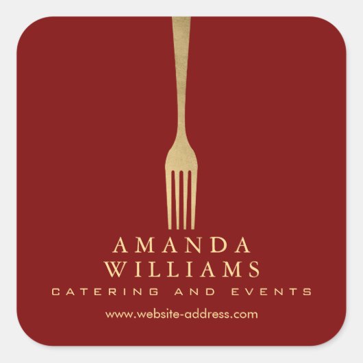 Modern Faux Gold Fork Catering Logo on Red Quadratischer Aufkleber (Vorderseite)