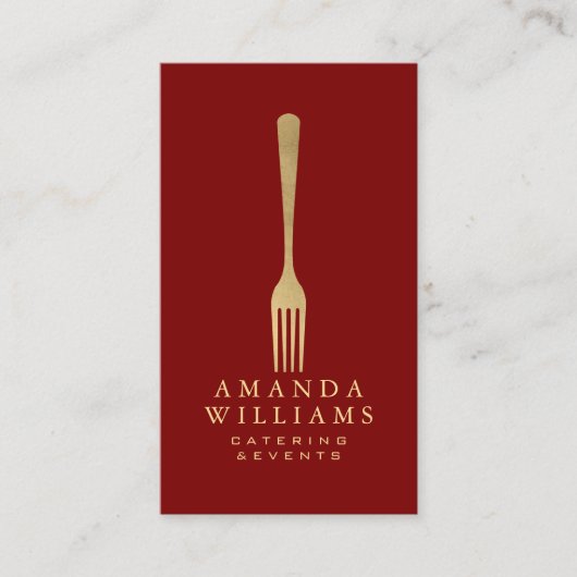 Modern Faux Gold Fork Catering Logo Red Vertical Visitenkarte (Vorderseite)