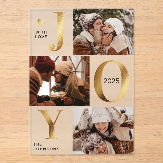 Modern Faux Gold Photo Collage Joy Christmas Card Acryleinladungen (Vorderseite)