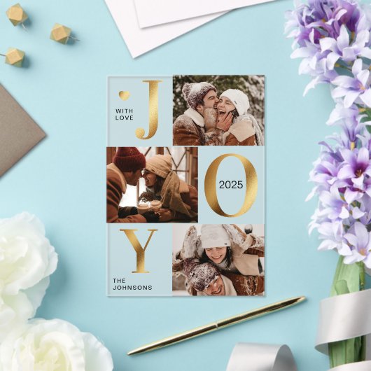 Modern Faux Gold Photo Collage Joy Christmas Card Acryleinladungen (In Situ (Hochzeit))