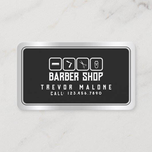 Modern faux metallic frame dark gray barber visitenkarte (Vorderseite)