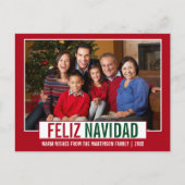 Modern Feliz Navidad Family Foto Red Postkarte (Vorderseite)