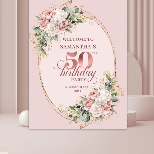 Modern Feminine Rose Gold 50th Birthday Banner Wandteppich