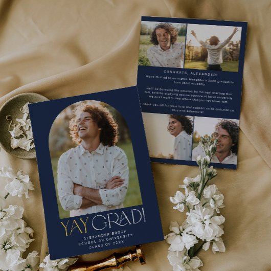 Modern Fete Navy Gold Yay Grad Foto Abschluss Ankündigung