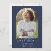 Modern Fete Navy Gold Yay Grad Foto Abschluss Ankündigung (Vorderseite)