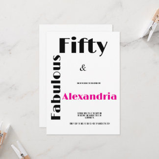 Modern Fifty and Fabulous black pink Birthday Einladung