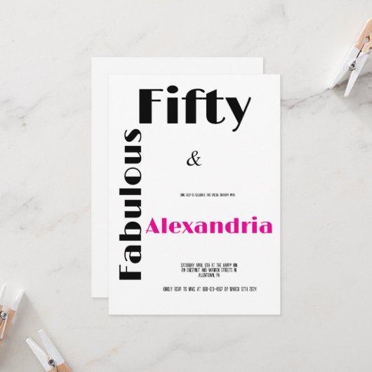 Modern Fifty and Fabulous black pink Birthday Einladung (Vorderseite/Rückseite Beispiel)