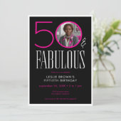 Modern Fifty Fabulous Pink White Photo Birthday Einladung (Stehend Vorderseite)