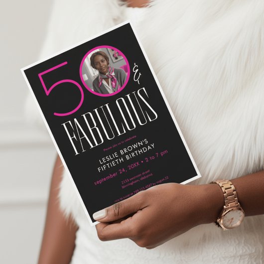 Modern Fifty Fabulous Pink White Photo Birthday Einladung
