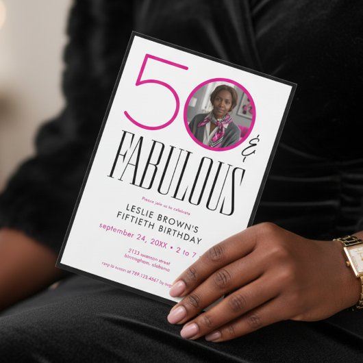Modern Fifty Fabulous Pink White Photo Birthday Einladung