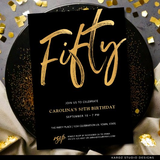 Modern Fifty Script Gold Black 50th Birthday Einladung