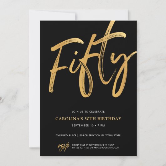 Modern Fifty Script Gold Black 50th Birthday Einladung (Vorderseite)