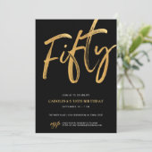 Modern Fifty Script Gold Black 50th Birthday Einladung (Stehend Vorderseite)