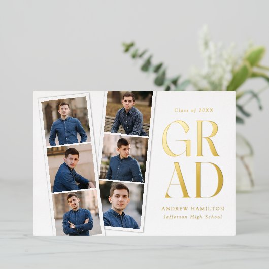 Modern Filmstrip Gold 6 Foto Abschluss Folieneinladung (Stehend vorne)