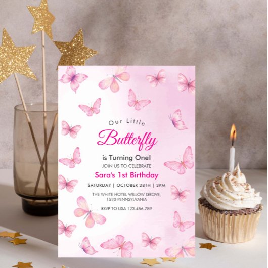 Modern First 1. Geburtstag Girly Butterfly Party Einladung