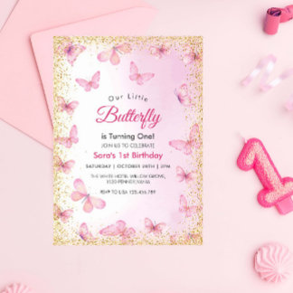 Modern First 1. Geburtstag Glitzer Butterfly Party Einladung