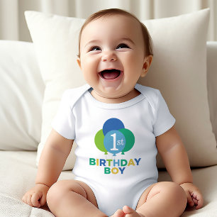 Modern First Birthday Baby Boy Blue Green Balloons Strampler