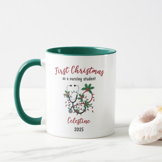 Modern First Christmas as a Nursing Student Custom Tasse (Mit Donut)