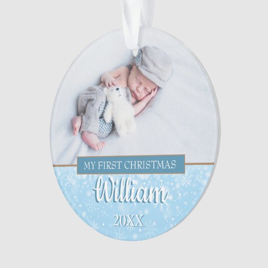 Modern First Christmas Baby Boys Fotos Script Ornament (Vorderseite)