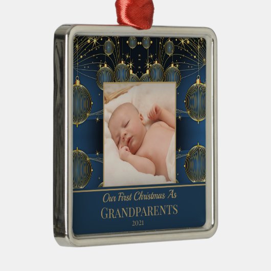 Modern First Christmas Blue Pattern Ornament Aus Metall (Rechts)