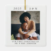 Modern First Christmas Verheiratet Foto Keramikornament (Rückseite)
