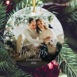 Modern First Christmas Verlobt Mrs. & Mr. Keramik Ornament<br><div class="desc">Modern First Christmas Verlobt Mrs. & Mr.</div>