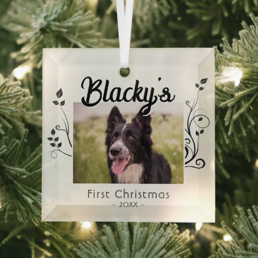 Modern First Christmas Welppy Foliage Red Foto Ornament Aus Glas (Insitu)