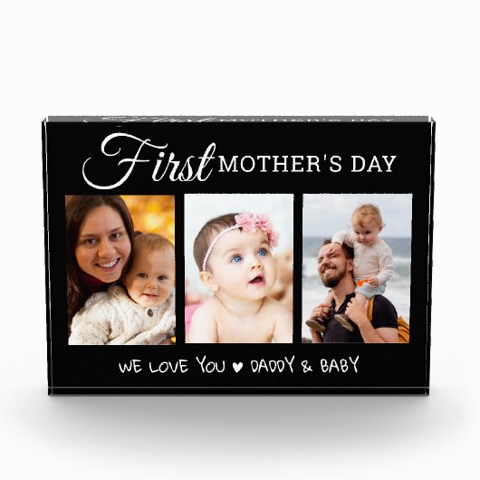 Modern First Mother's Day  3 Picture Collage Black Fotoblock (Vorderseite)
