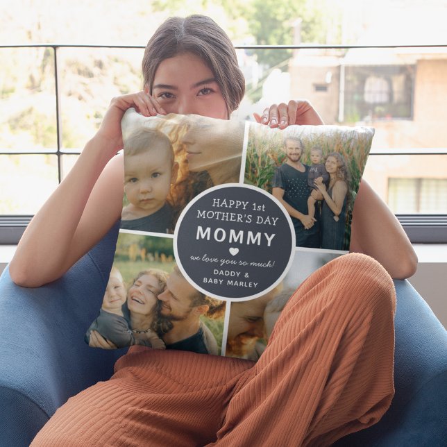 Modern First Mother's Day Mommy 4 Foto Collage Kissen (Von Creator hochgeladen)