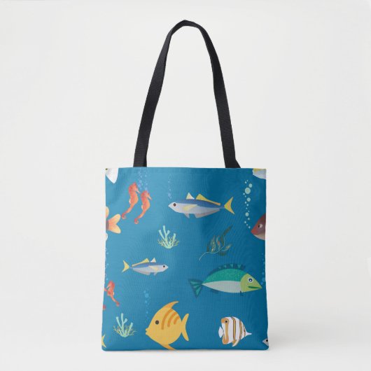 Modern Fish and Seahorse illustrated Pattern Blue Tasche (Vorderseite)