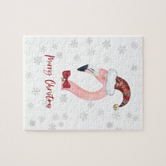 Modern Flamingo Santa Snowflake Weißes Weihnachtsf Puzzle (Horizontal)