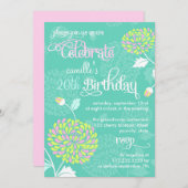 Modern Floral Aquamarin & Pink Extravagant Geburts Einladung (Vorne/Hinten)