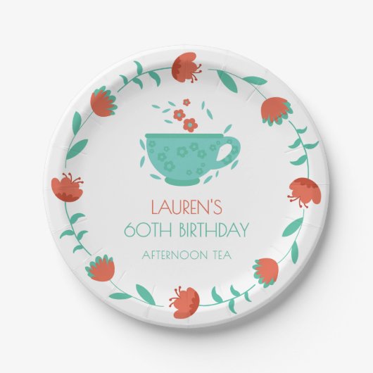 Modern Floral Birthday - Tea Party Paper Plate Pappteller (Vorderseite)